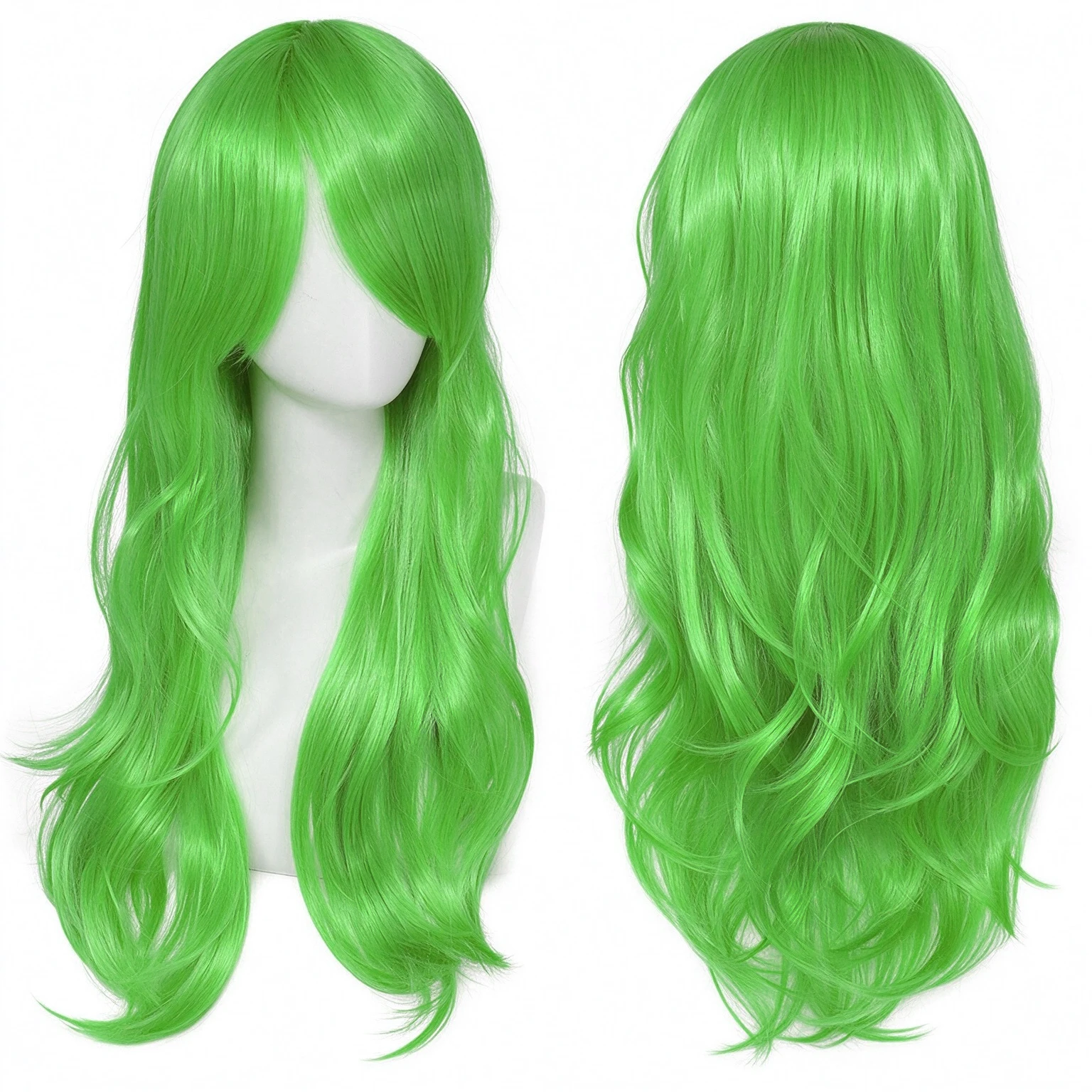 Synthetic Hair Green Long Wavy Wig, Long Bangs Anime Cosplay Wig Heat Resistant for Women Halloween Party Costume