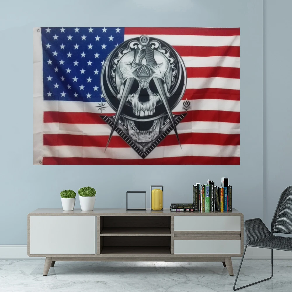 Masonic Mason Freedom On USA Flag Graphic Custom Printed Hanging Banner Party Polyester Shaft Cover Grommets 3X5FT 90X150CM