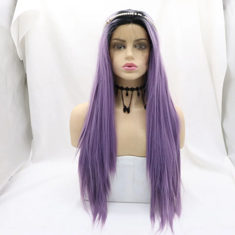 

Hand-woven front lace synthetic fiber wig, gradient purple, free-parting long straight hair, comfortable and breathable full hea