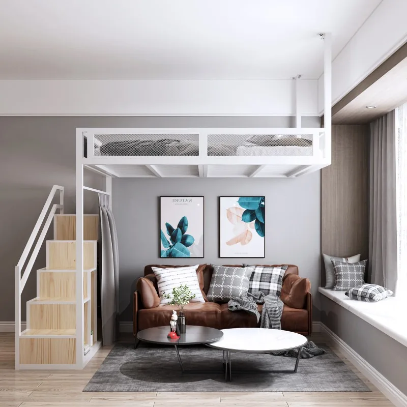 Modern simple bedroom wrought iron bed, child seat belt escalator family elevated bed, apartment wardrobe ladder iron bed