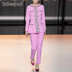 TWOTWINSTYLE Hit Color Two Piece Set for Women O Neck Long Sleeve Top High Waist Slim Pants Female Fashion Style New