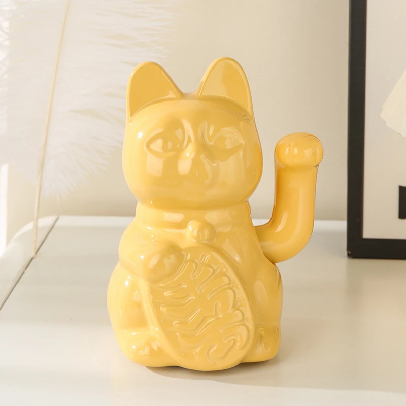 5.9 Inch Ceramic Lucky Cat Waving Arm Maneki Neko Beckoning Cat for Fortune Luck Wealth Prosperity Decoration Fengshui Ornament