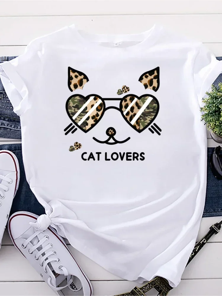 

2024 Camisetas Mujer With Sunglasses Leopard Cat Head Print Women T Shirt Short Sleeve O Neck Loose Women Tshirt Ladies Tee Shi