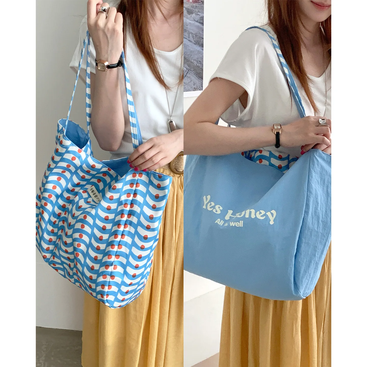 

Fresh Checked Nylon Double Bread Large Capacity Versatile Korean Lazy Style Big Bag Sweet Printed Letter Bag Women
