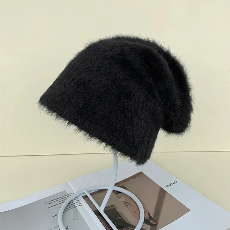 2024New Farben Weiche Kaninchen Fell Mützen Winter Hut für Frau Luxus Flauschigen Gestrickte Hut Motorhaube Dame Herbst Winter Warme Skullies kappe – Detail 5