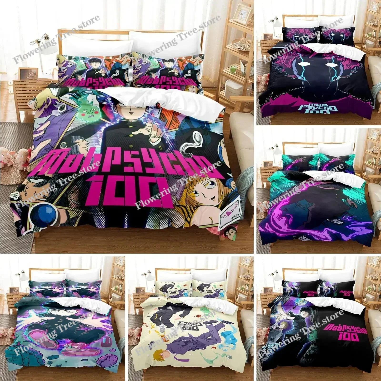

3D Printed Mob Psycho 100 Bedding Set Anime Kageyama Shigeo Duvet Cover Double Twin Full Queen King Adult Kids Quilt Cover