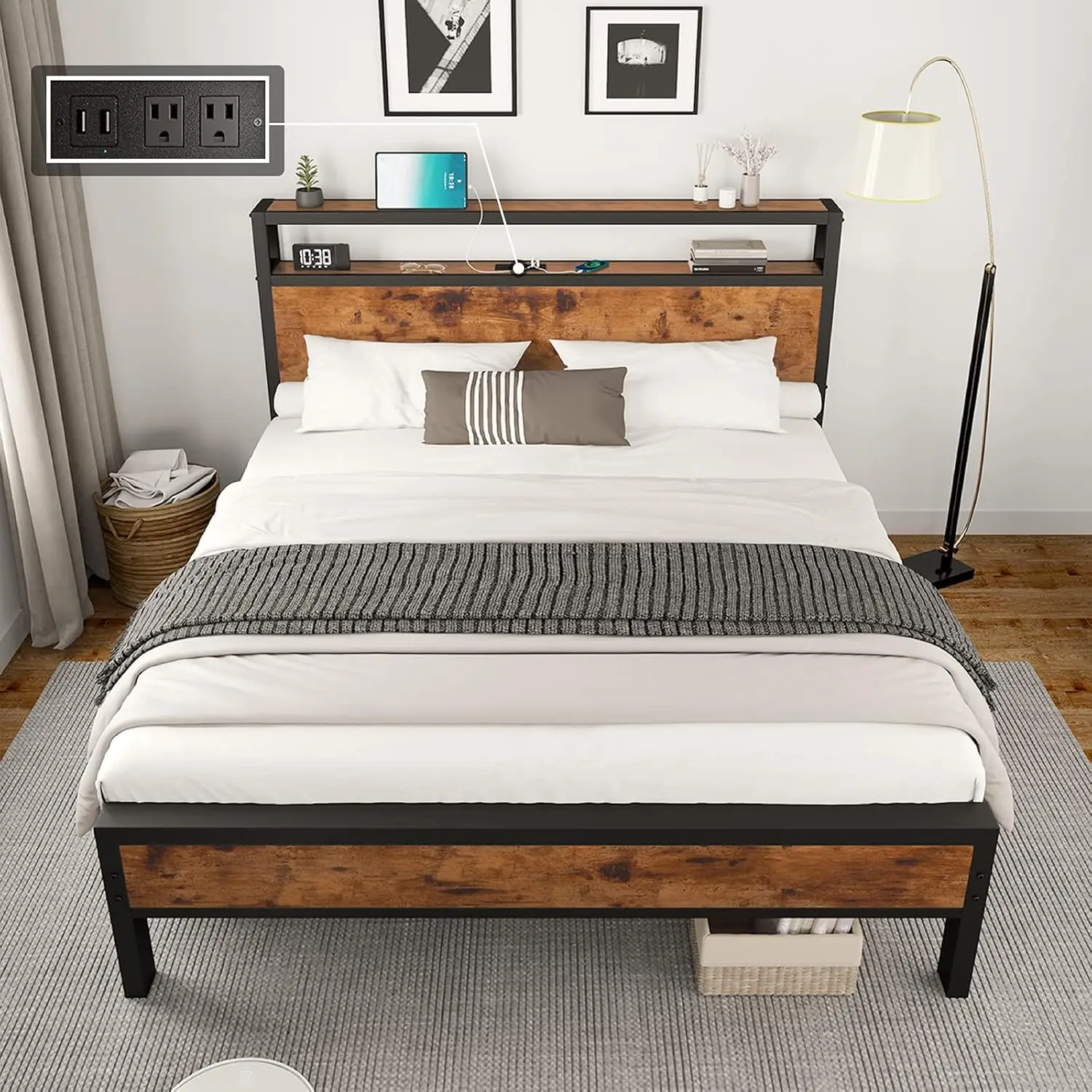 Full Size Bed Frame, Industrial Platform Bed with Charging Station, 2-Tier Storage Headboard/No Box Spring Needed/Noise-Free/Dar