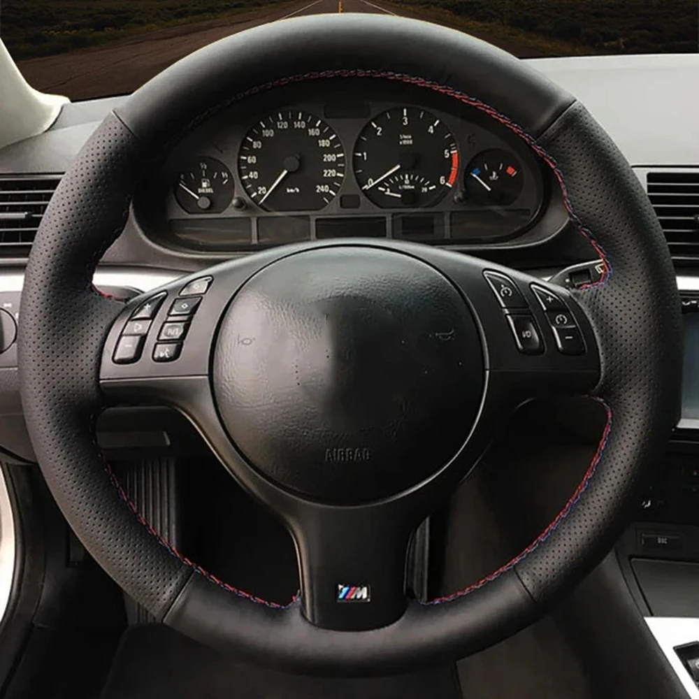 DIY Black Genuine Leather Car Accessories Steering Wheel Cover For BMW M Sport E46 330i 330Ci E39 540i 525i 530i M3 E46 M5 E39