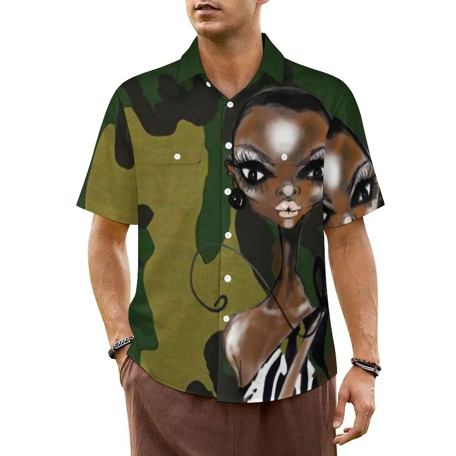 

Гавайская рубашка, пляжные зеленые камуфляжные блузки, черные женские повседневные рубашки в стиле ретро с принтом, мужская одежда в стиле Харадзюку с коротким рукавом