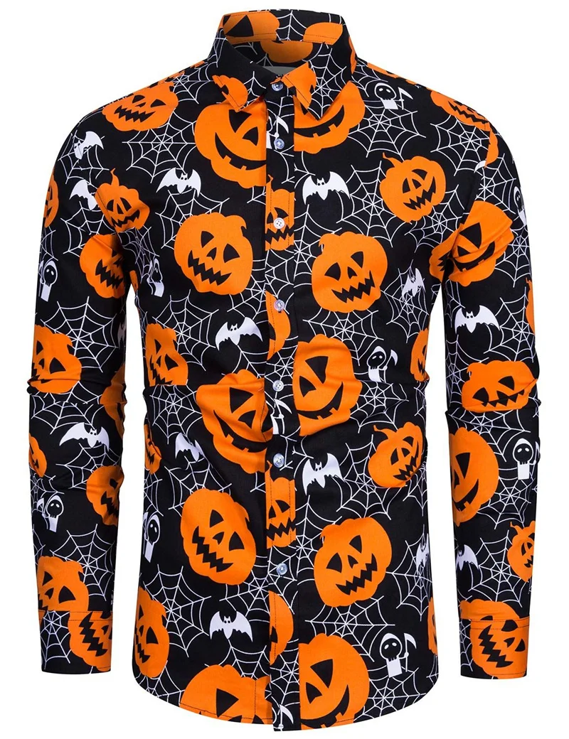 Halloween Long Sleeve Shirts Men's Pumpkin Head Printed Shirt Trend Party Clothing New Men's Street Leisure Long Sleeve Top Tees