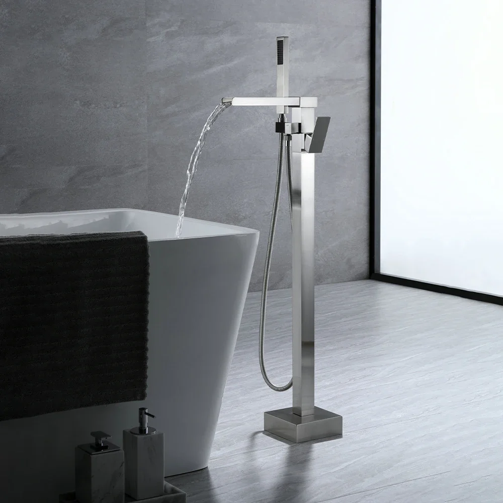 

Original brand newbrushed nickel floor-standing waterfall bathtub faucet brass bathroom mixer tap with shower