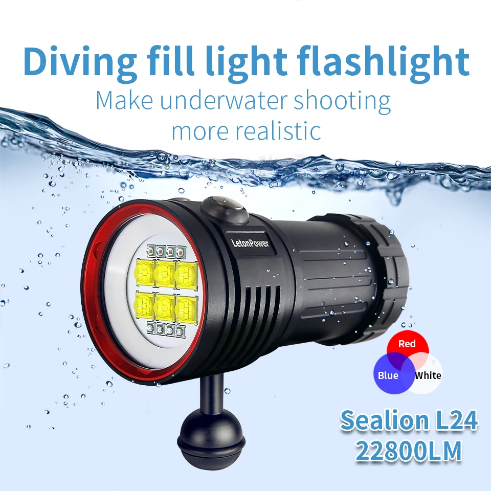 Professional Diving Flashlight 100m Waterproof Light 22800 Lumen Scuba Diving Light Type-C Rechargeable Underwater Video Light