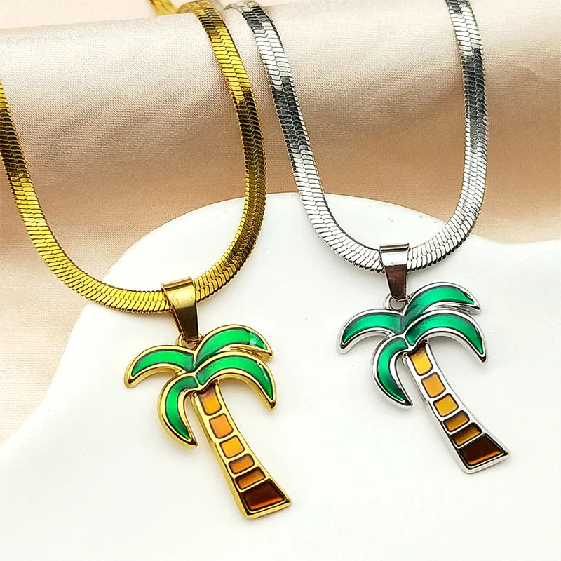

Island Style Coconut Tree Enamel Pendant Necklace for Women Girls Stainless Steel Gold Color Choker Chain Beach Jewelry Gift