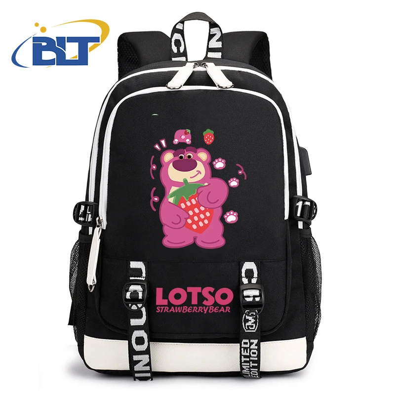 Mochila escolar con estampado de oso lotso para estudiantes, mochila USB, regalo para niños y niñas