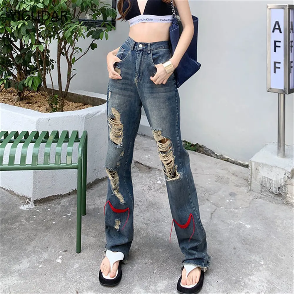 

Streetwear Straight Pants Ladies Ripped Jeans High Waist Loose Wide Leg Pants Ladies Jeans Y2K Summer High Street Jean