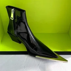 Luxury Designer Pointed Toe Chelsea Boots Women 2026 Fall Chunky Heel Metal Toe Decoration High Heels Side Zip Black Ankle Boots