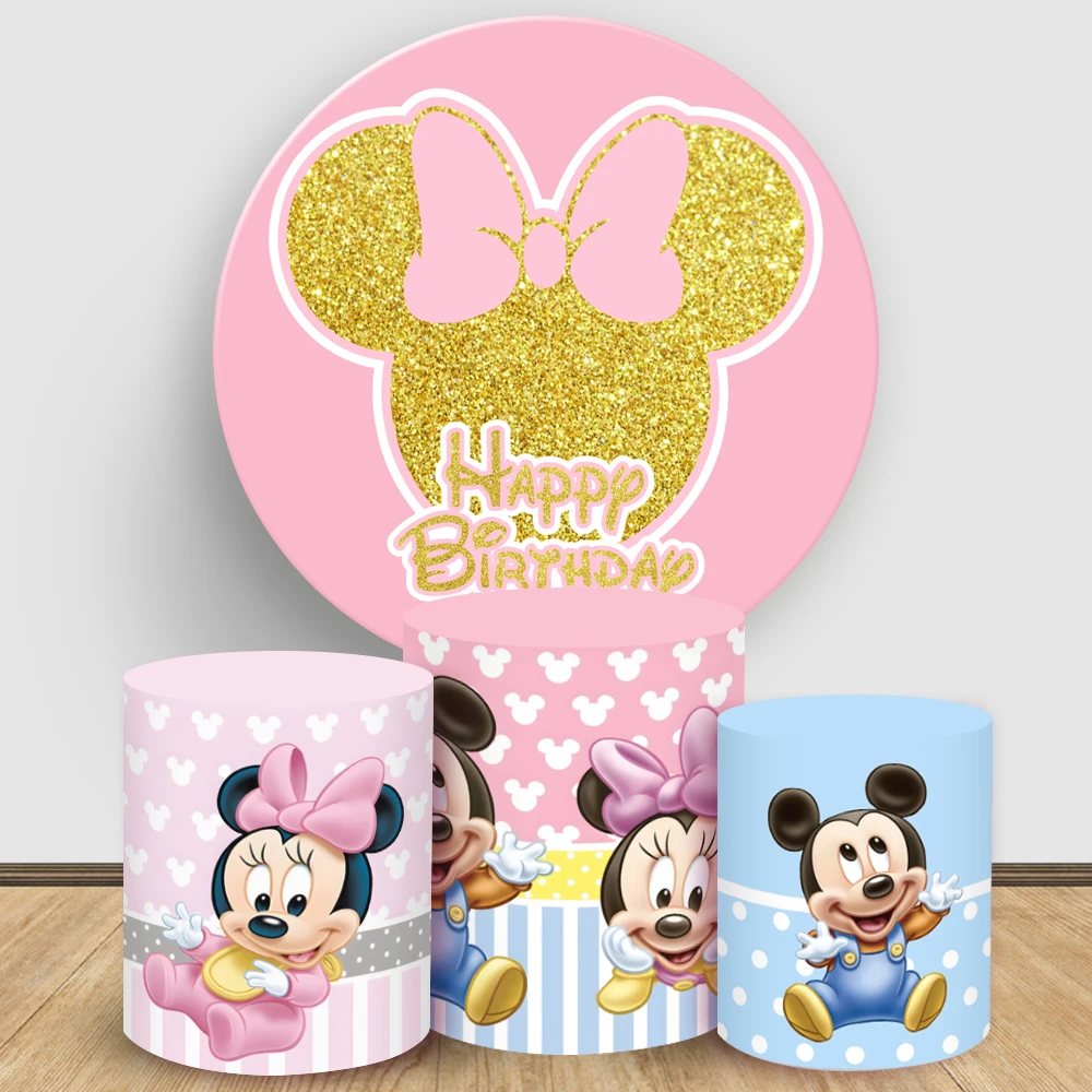 

Baby Mickey Minnie Round Backdrop Cover Disney Cylinder Cover Baby Shower Birthday Photograph Decor Dessert Table Elastic Fabric