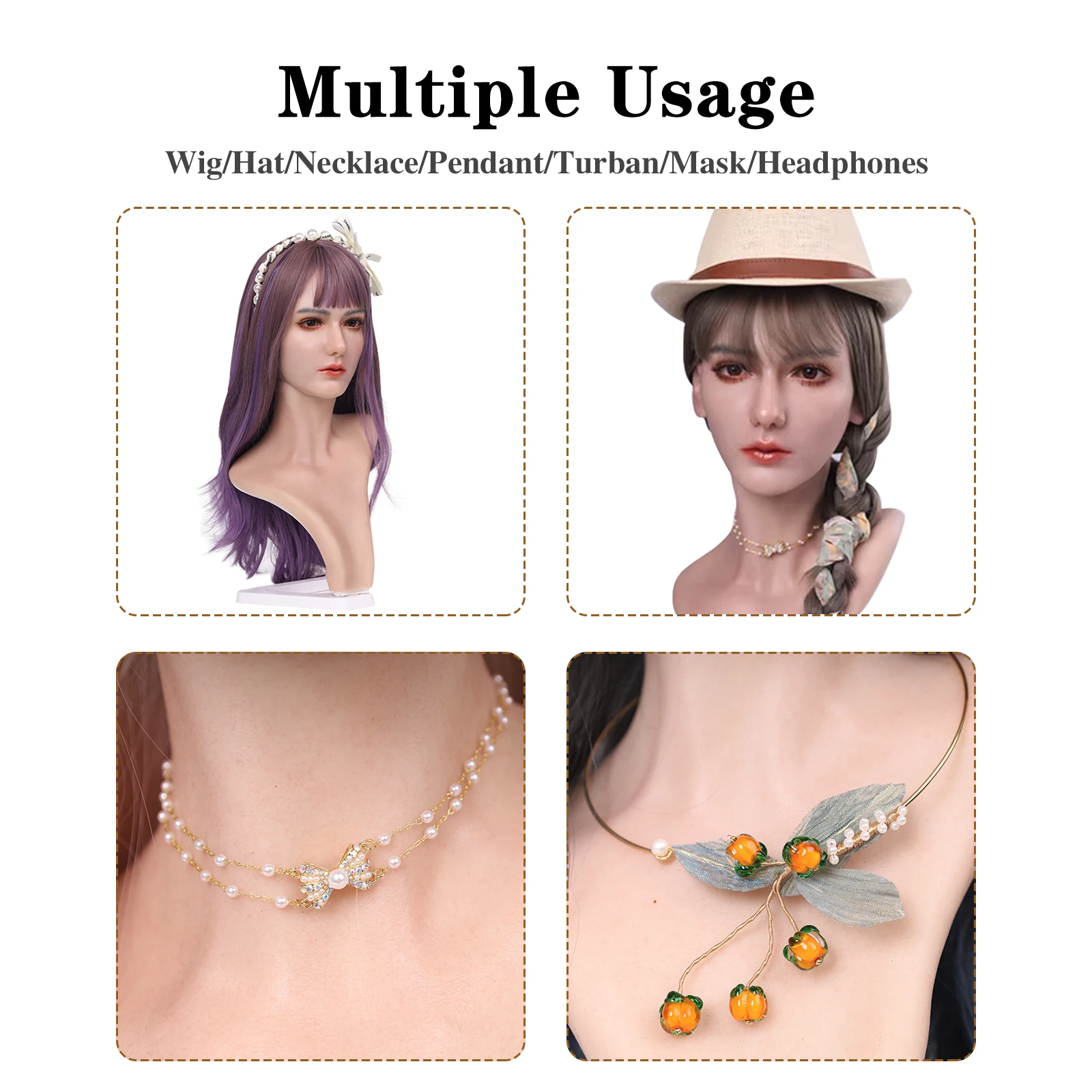 Real Female Head Model Realistic Silicone Material Lifelike Silicone Female Mannequin Head for Wig Hat Jewelry Display