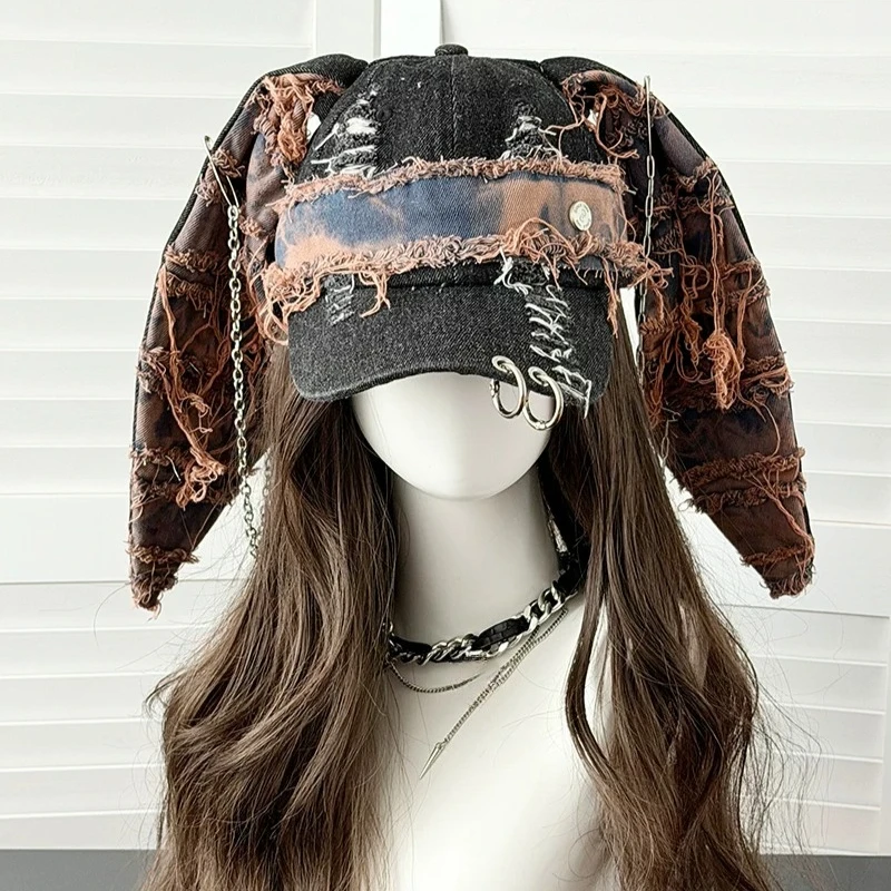 New Y2k Denim Fur-edge Rabbit Ears Baseball Cap for Men and Women Personalized Punk Style Hole Chain Sunshade Hip-hop Hat Gorras