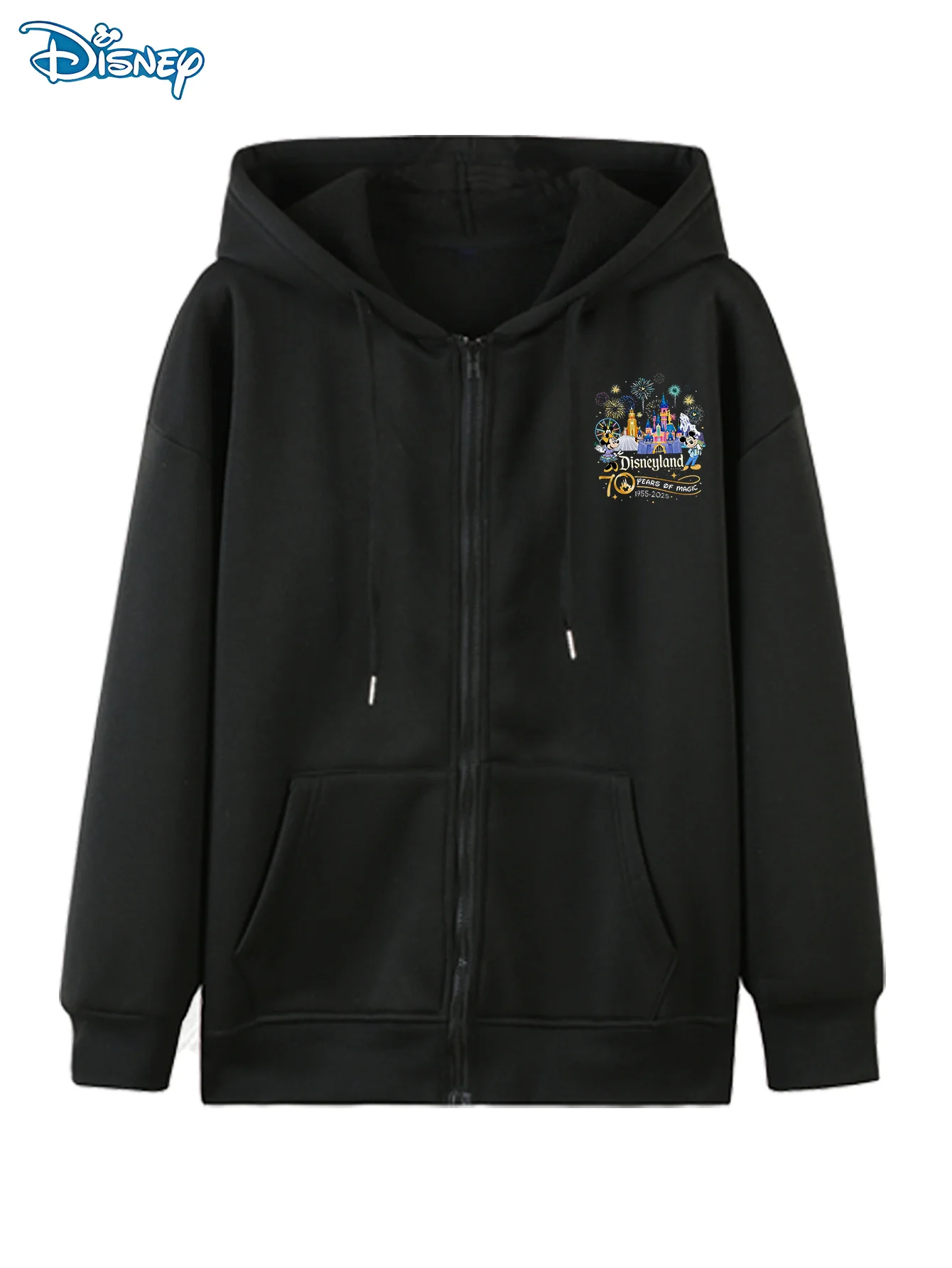 2025 خريف/شتاء ديزني ميكي الرسوم المتحركة وديزني لاند مطبوعة مقنعين قلنسوة بسحاب للدفء غير الرسمي ، كم طويل رقبة مستديرة