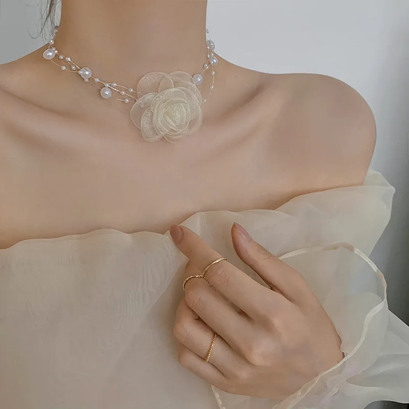 French Romantic Elegant Choker Big Rose Flower Clavicle Chain Necklace For Women Pearl Rope Choker Aesthetic Neck Jewelry