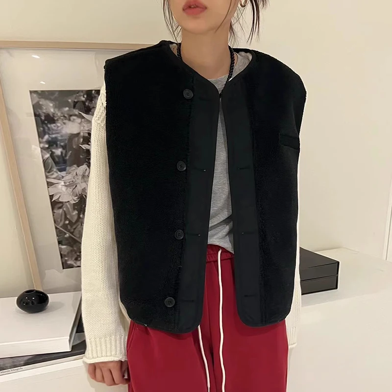 Korea Chic Autumn Winter Simple Retro O Neck Wave Embossing Tops Loose All-match Design Jackets Warm Vest Coat Woman