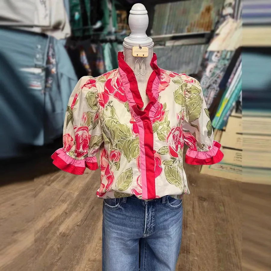 قميص نسائي صيفي بأكمام قصيرة ورقبة على شكل حرف V مطبوع بلوزات Mujer Hemd Damen Blusas Mujer