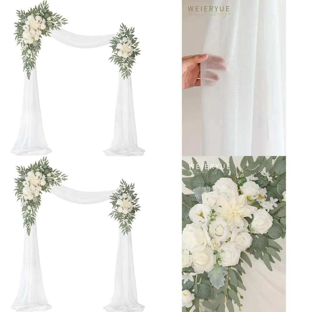 

Set of 3 Artificial Wedding Flower Arch Kits with 2 Decor Pieces and White Rose Drape for Ceremony
