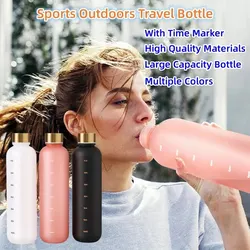 1L Bottle With Time Marker 32 OZ Motivational Reusable Fitness Sports Outdoors Travel Cycling Leakproof BPA Free Frosted Bottle