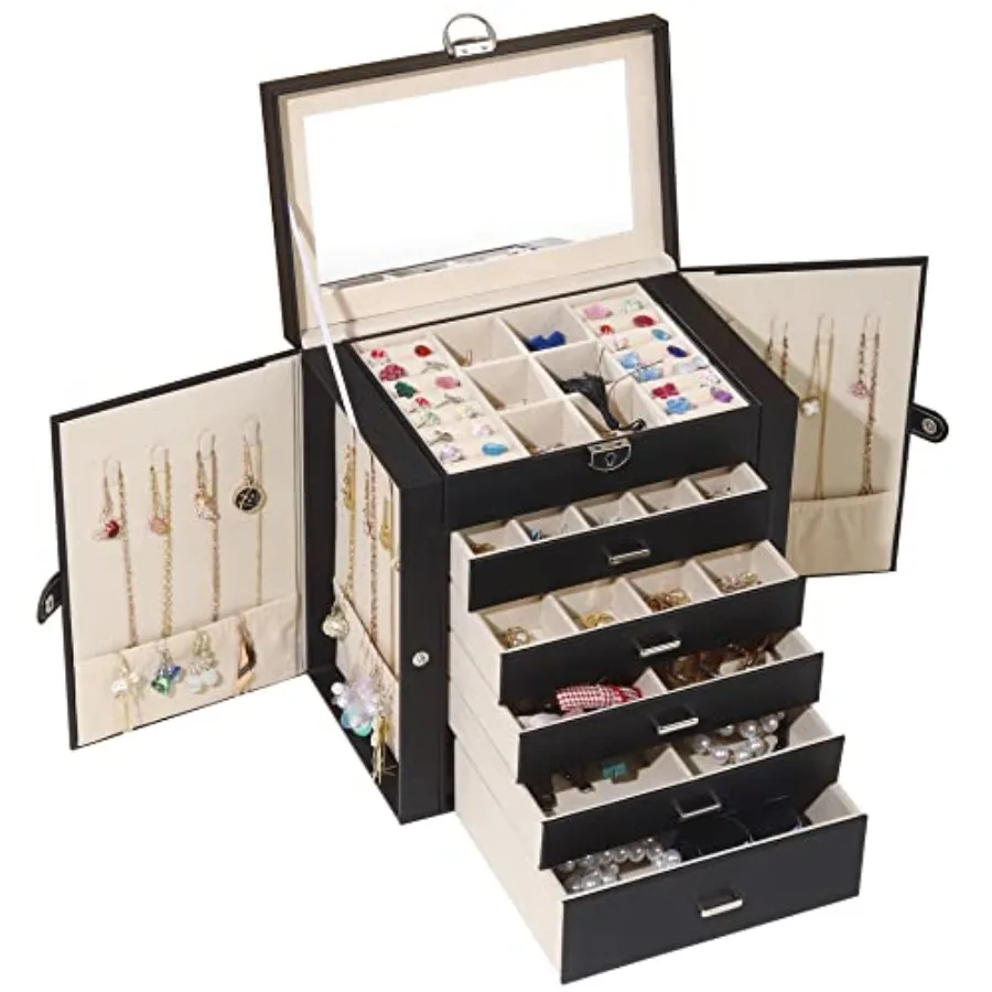 

Jewelry Box For women 6 Layer Large Jewelry Organizer With Mirror Multi-Function Storage Box With Lock Accessory Holder With 5