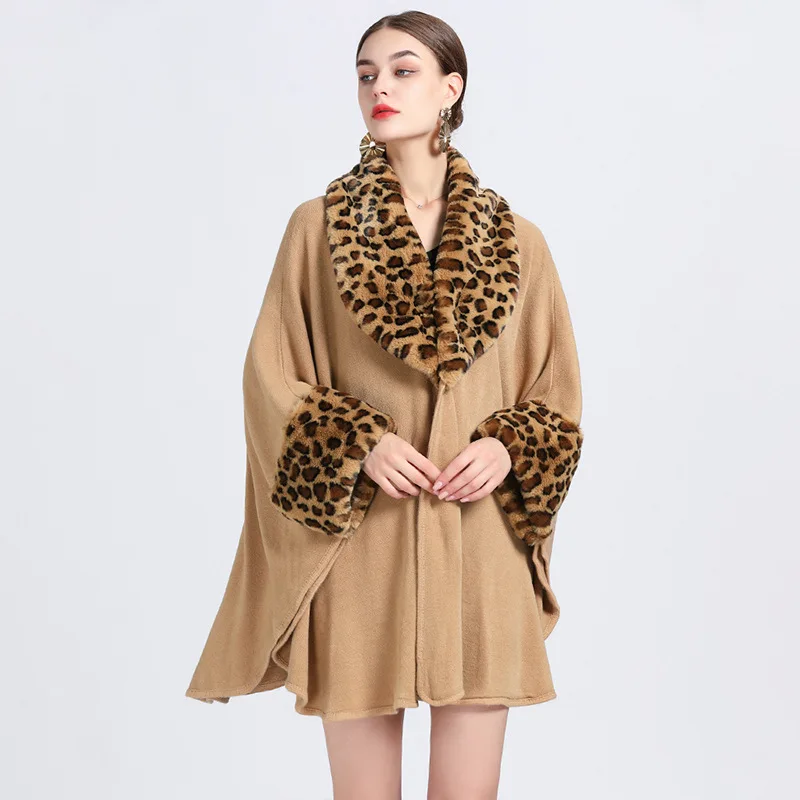 

Autumn Winter New Imitation Otter Rabbit Fur Collar Shawl Imitation Cashmere Cardigan Women Poncho Lady Capes Khaki Cloak