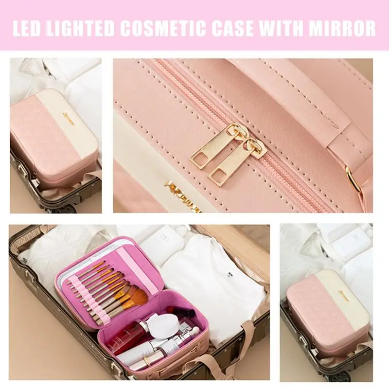 2024 New Lighted Cosmetic Case With Mirror LED Portable Cosmetic Bag Large-capacity Makeup Storage Box Waterproof PU Leather