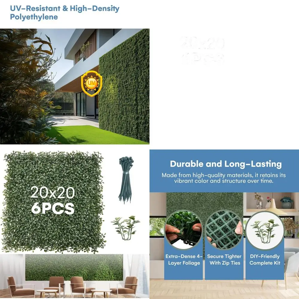 

20 x 20 Artificial Boxwood Hedge Panels (6-Pack) - UV-Resistant Greenery for Indoor/Outdoor Privacy Screens, Includes Zip Ties &