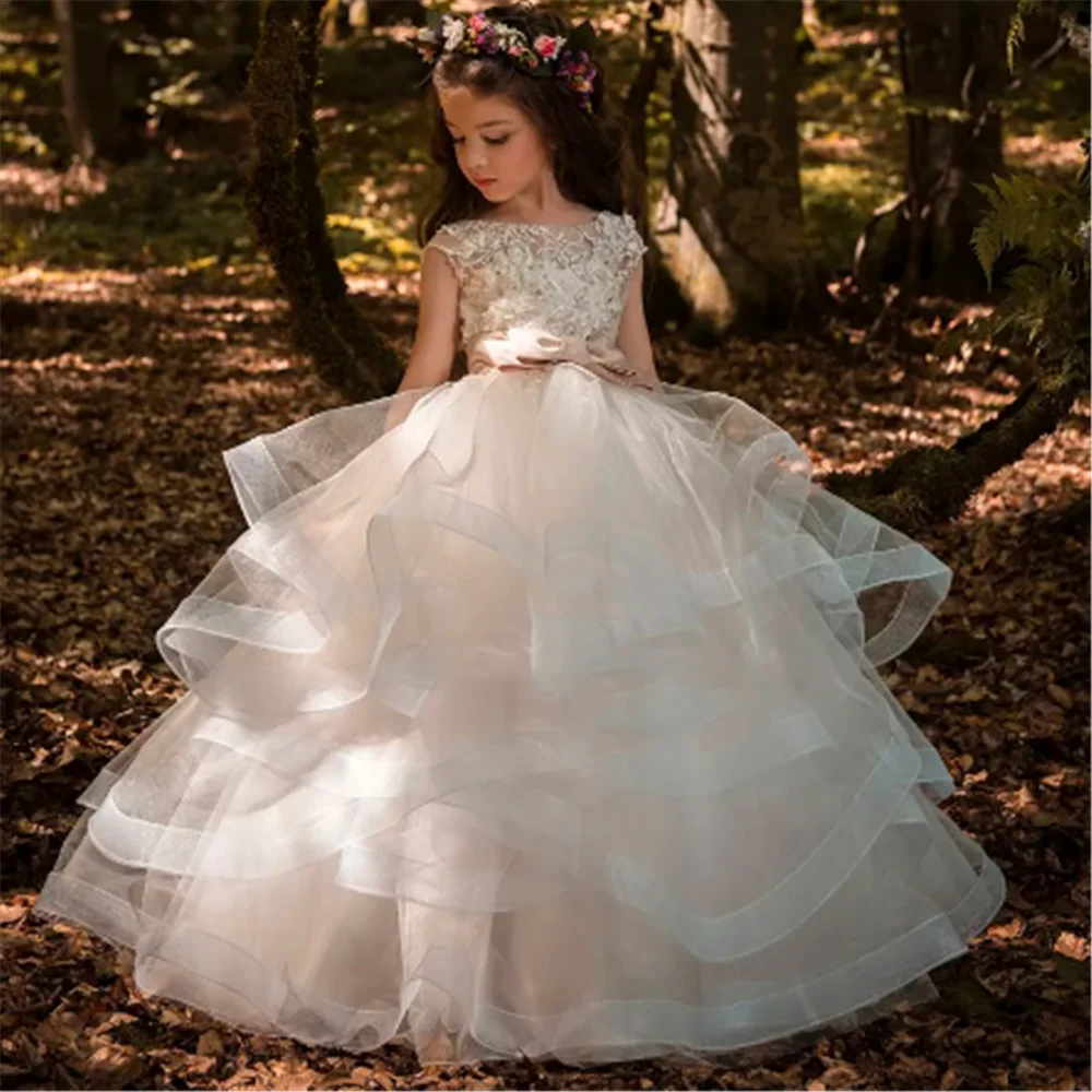 Ärmellose Spitze Aufkleber geschichtet Blumen mädchen Kleid Prinzessin Ball Schönheits wettbewerb Erstkommunion Kinder überraschen Geburtstags geschenk