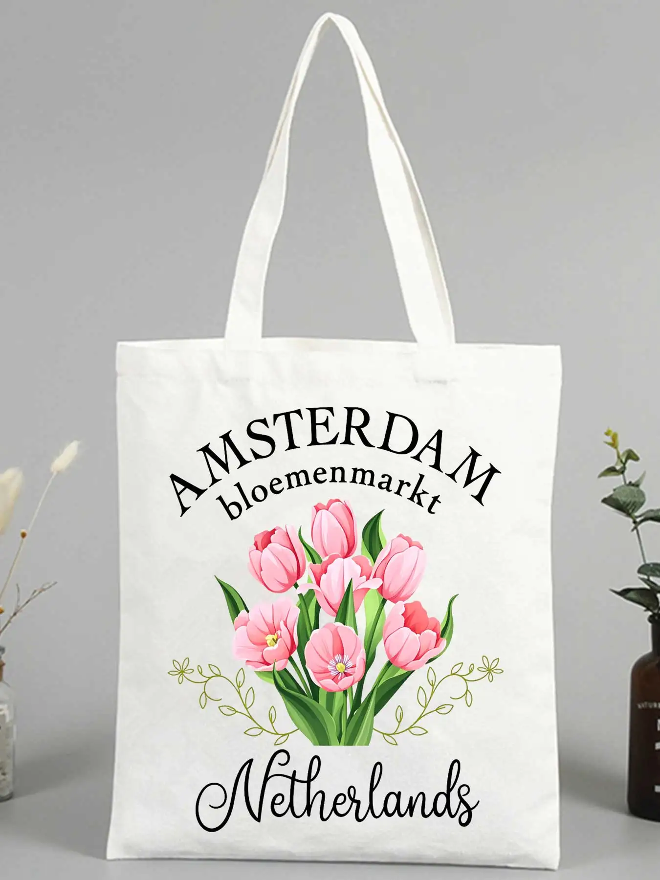 Amsterdam tulip print canvas tote bag, casual style for daily shopping and weekend outings