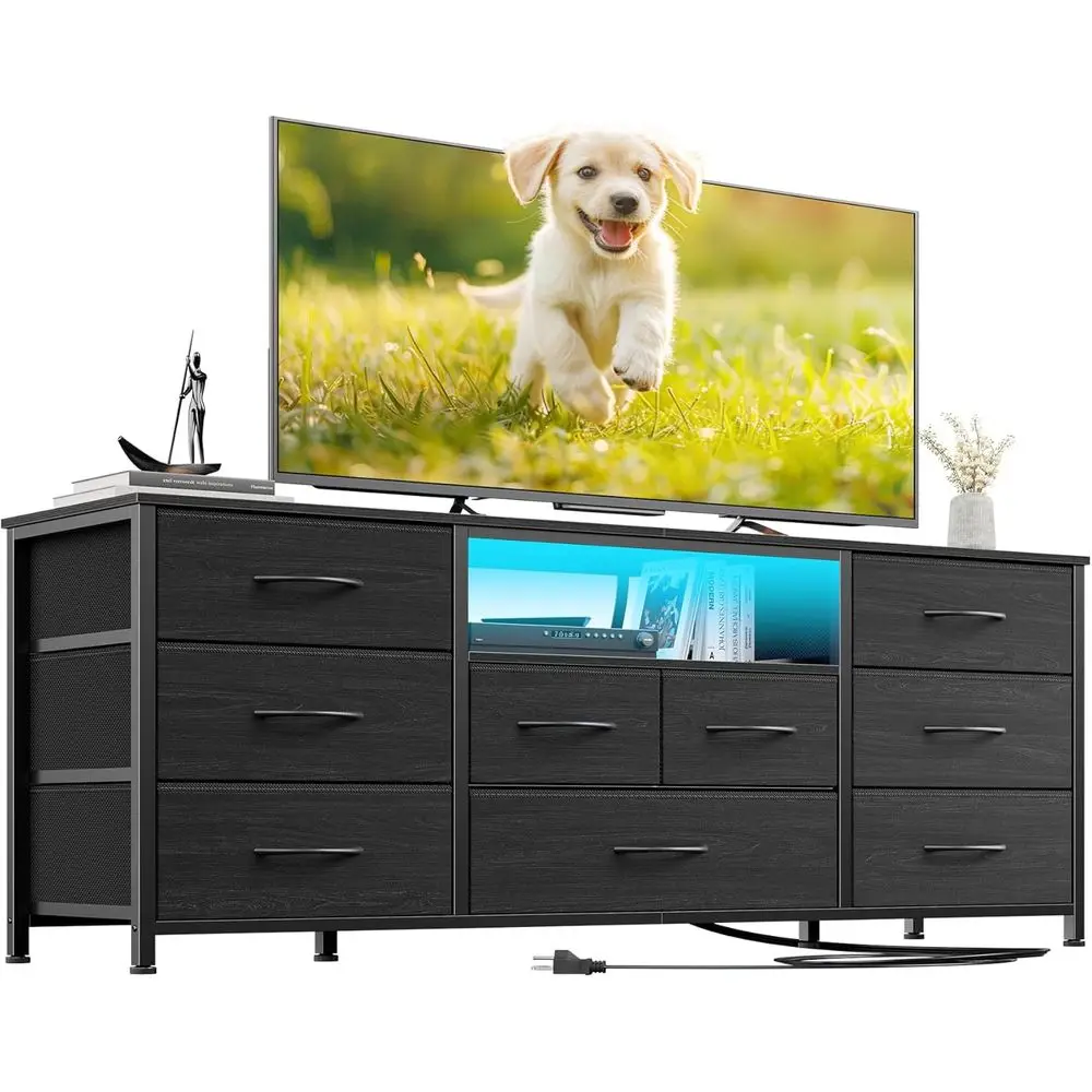 9 Der Drer, 55” Long TV Stand or Bedroom, Entertainment Center with Power Outlet & LED Light or 55
