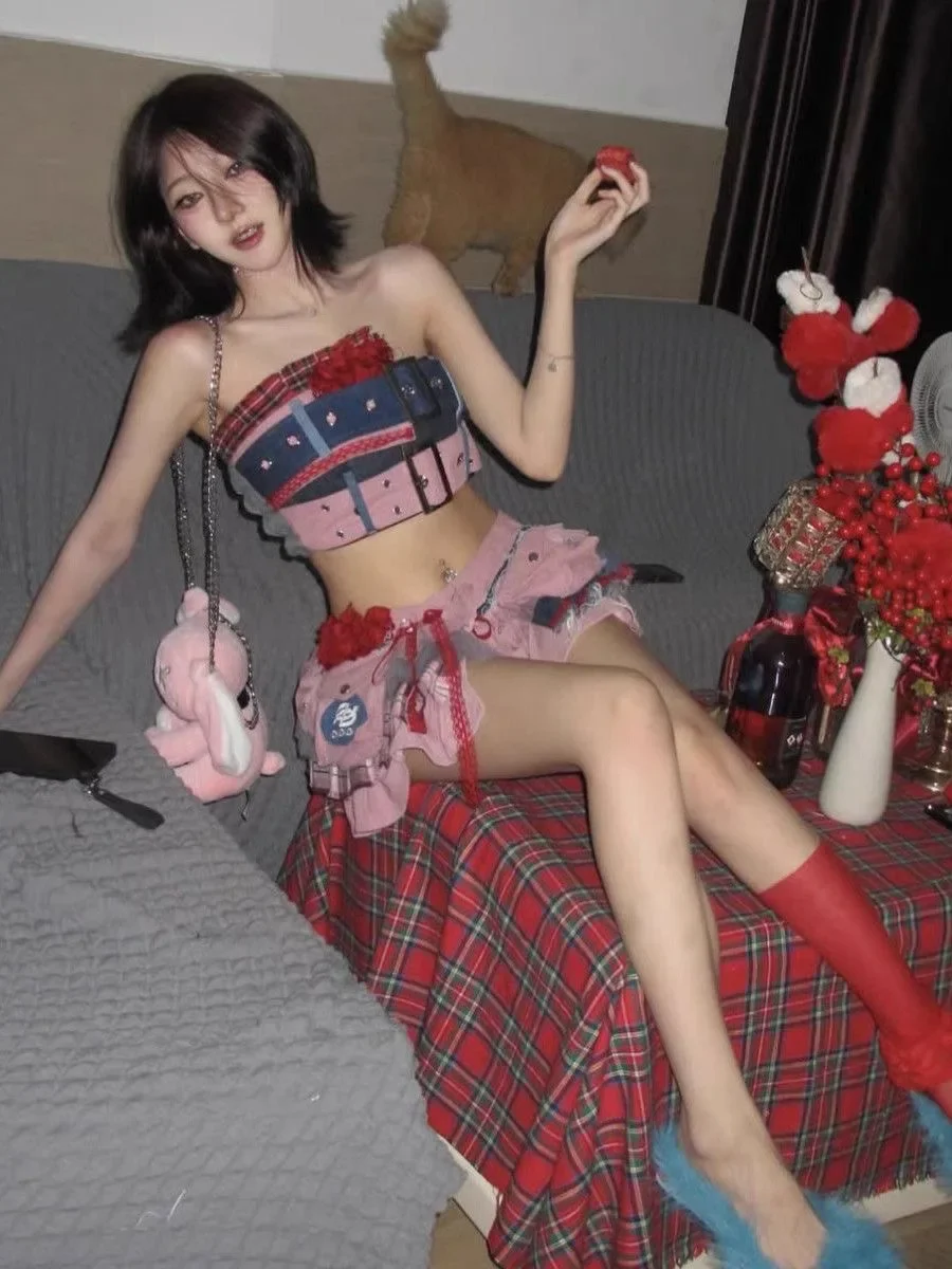 甘いクールスパイシーな女の子セクシーなミニスカート + デニムステッチチューブトップ 2 点セット夏の新しいサブカルチャーパンク Y2k レディース衣装