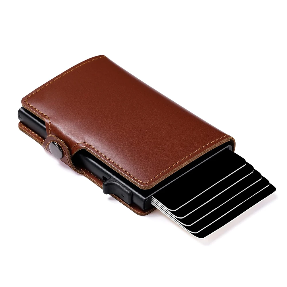 

CASEKEY Genuine Wallet Oil Wax Leather Business Automatic Card Wallet Anti Theft Pop Up Card Holder with Coin Purse for Men