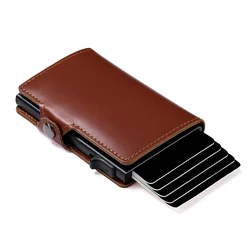 CASEKEY Genuine Wallet Oil Wax Leather Business Automatic Card Wallet Anti Theft Pop Up Card Holder with Coin Purse for Men