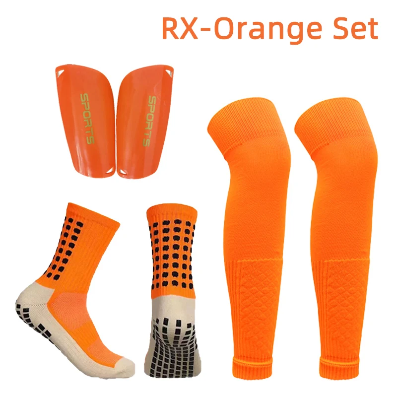 A Set Anti Slip Soccer Socks Adults Kids High Elasticity Soccer Shin Guard Sleeves Over Knee Football Leg Guard Protective Gear