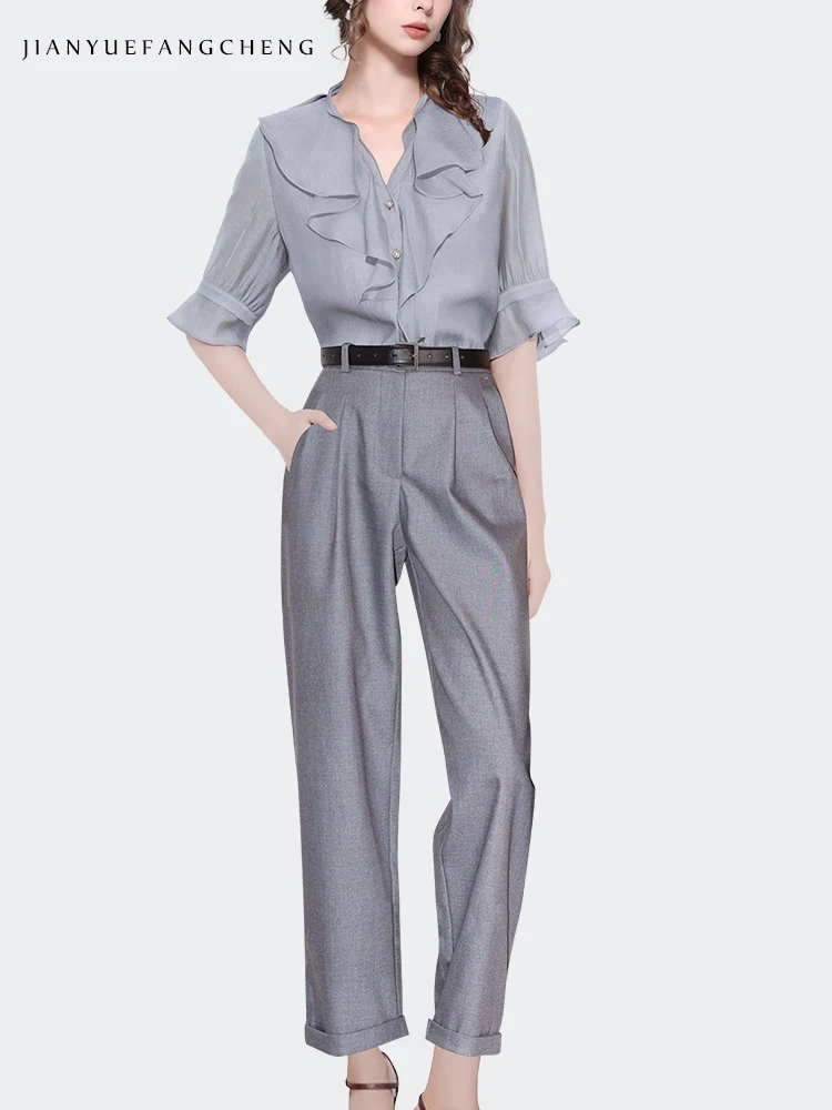 2024 Summer Grey Ruffle Chiffon Top for Women Flared Sleeve Loose Plus Size Button-down Shirts Elegant Slim Office Woman Blouses