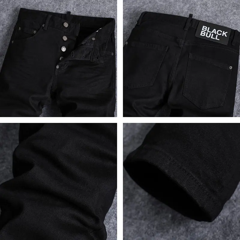 

Дизайнерские уличные модные мужские джинсы с планкой на пуговицах, эластичные облегающие потертые ностальгические эластичные облегающие джинсы, брендовые джинсы в стиле хип-хоп High-Q