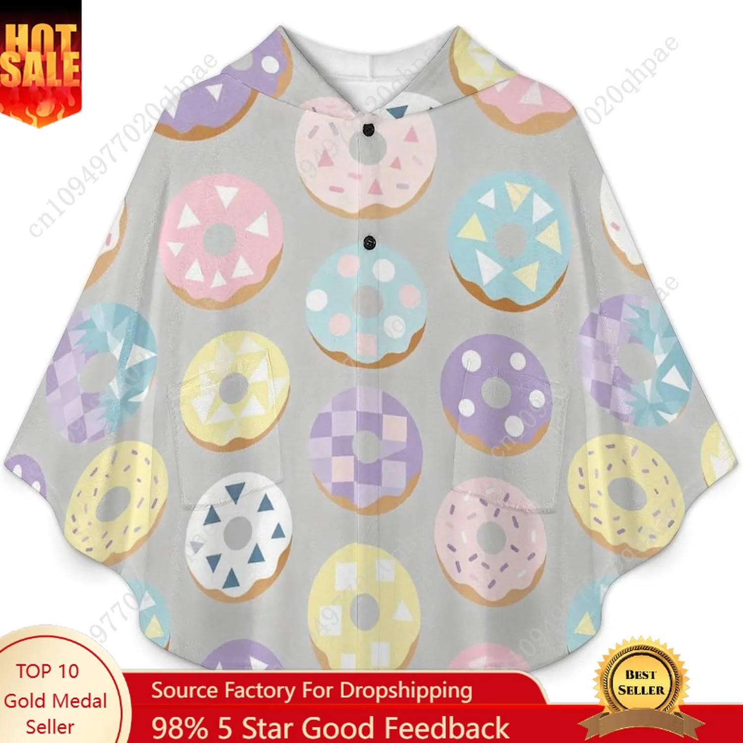 Comodo maglione coperta in flanella, felpa con cappuccio oversize con ciambelle colorate e tasche per bambini e adolescenti