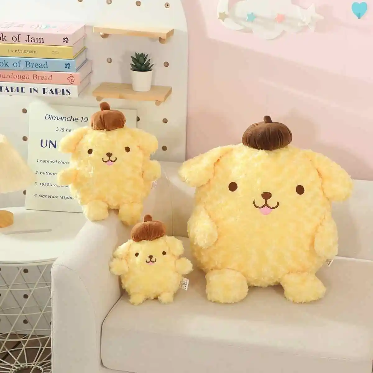Em estoque adorável pom pom purin brinquedo de pelúcia macio recheado cão amarelo anime personagem estilo japonês sofá cama decoração presente para meninas