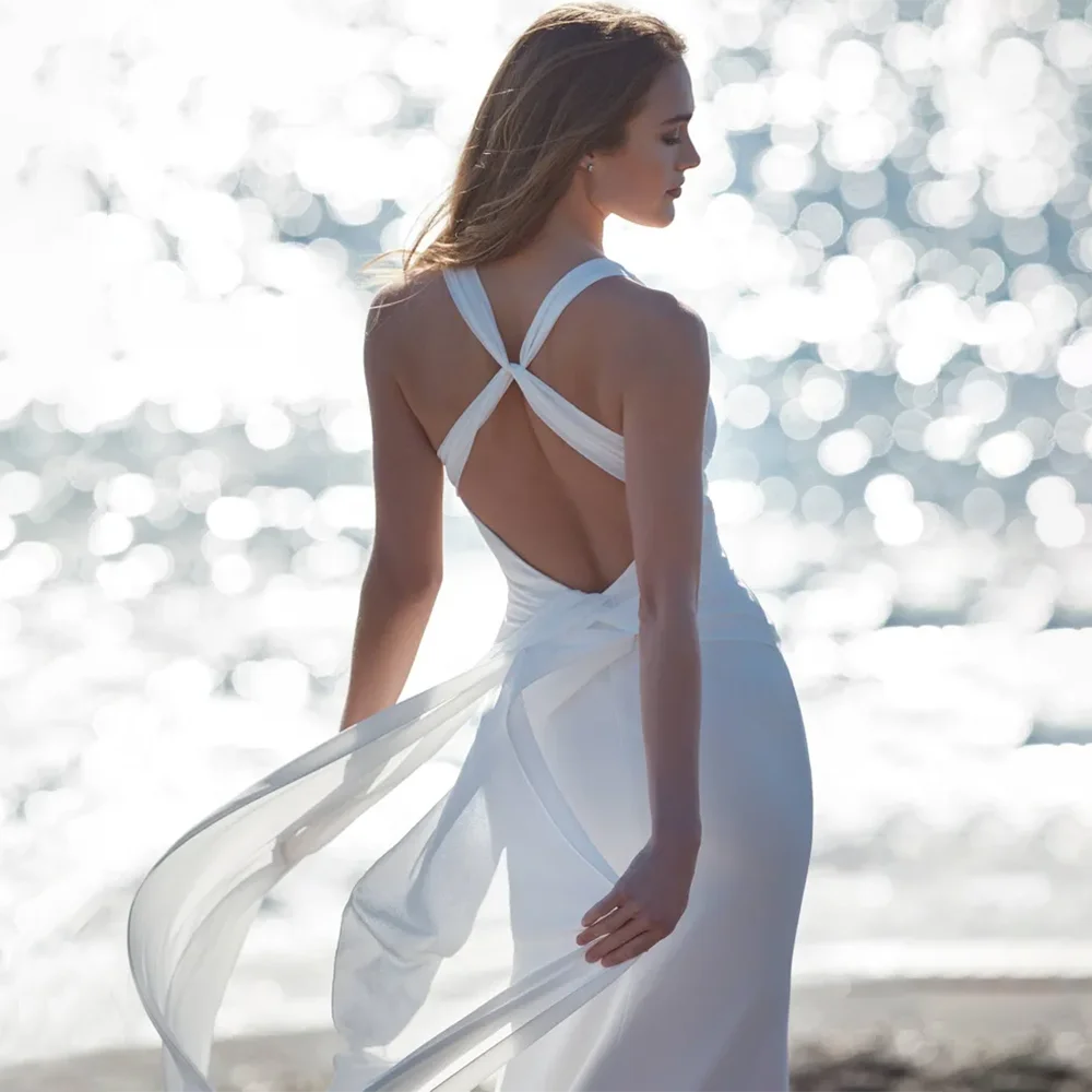 Vestido De novia sencillo con cuello en V, traje bohemio con espalda abierta, liso, largo, sin mangas, para playa, 2024