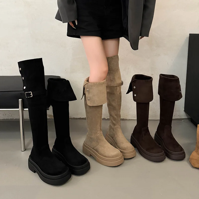 

Suede Brown Women's Thigh High Boots Height Increasing Anti-slip High Heel Vintage Over-the-Knee Boots for Women Botas Mujer