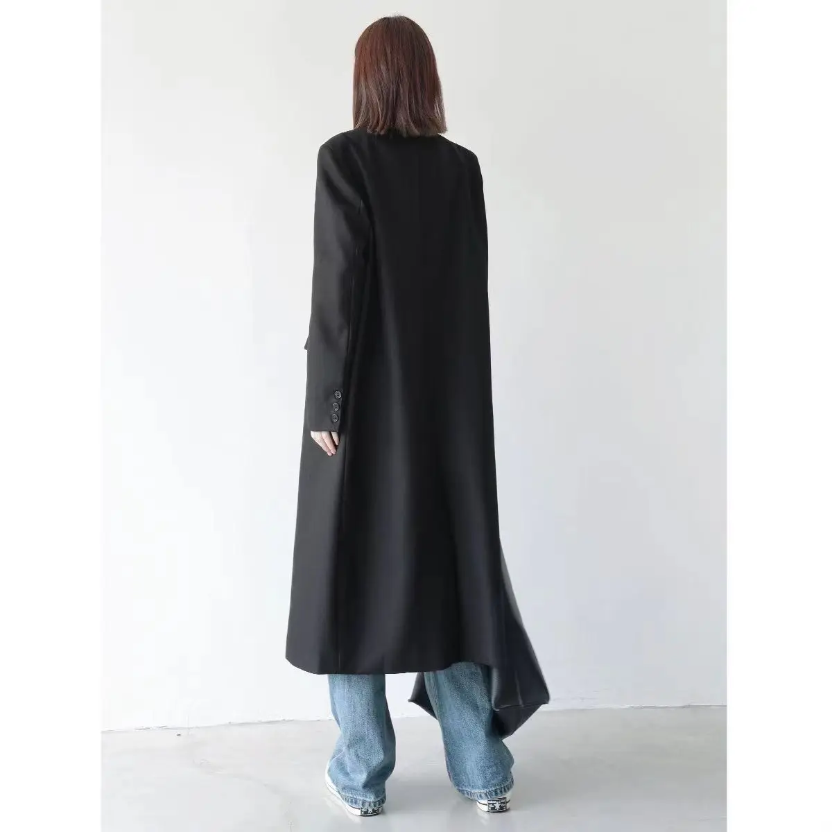 Casual Double Breasted Long Blazer Trench Coat Korean Fashion Turn-down Collar Windbreaker Jacket Vintage Office Lady Outwear