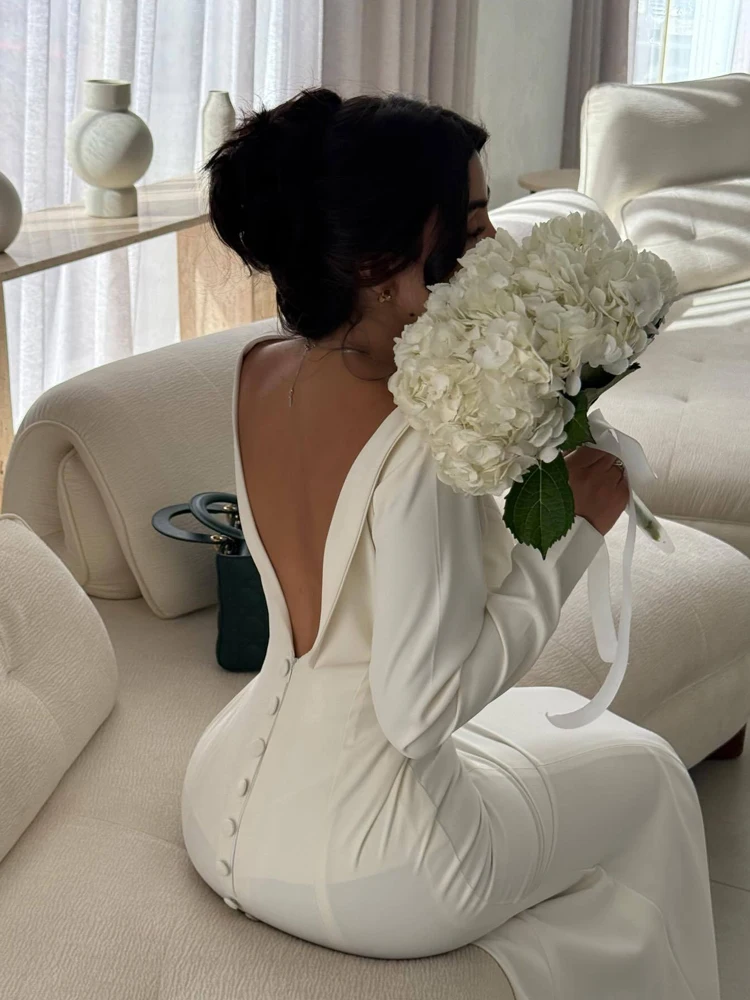 فستان سهرة مثير بدون ظهر وأكمام طويلة فستان أنيق بأزرار سادة ونحيف للولائم فستان أنيق للسيدات بخصر عالٍ ملفوف على الوركين