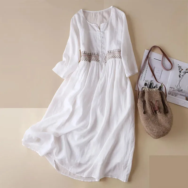 Hot Cotton Linen Embroider Beach Casual A-line Dress Elegant Vintage Loose Dresses Summer 3/4 Sleeve Robe Female Midi Vestido