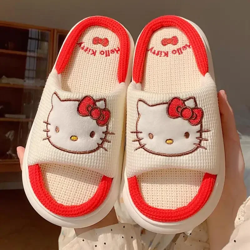 Kawaii Sanrio Hello Kitty Kuromi Keroppi Lniane kapcie Cartoon Home Shoes Non Slip Soft Cute Girl Birthday Gift For Girlfriend